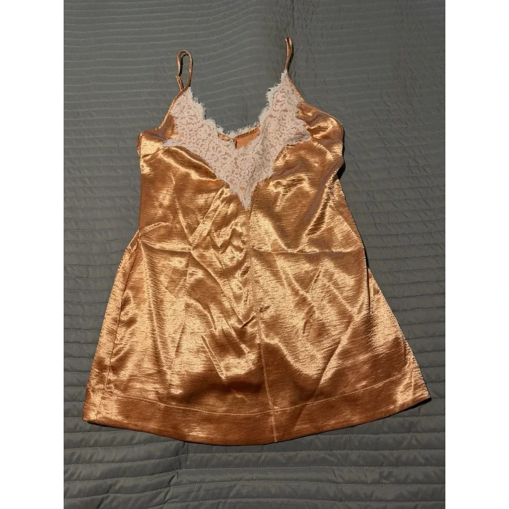Free People Still The One Satin Lace Mini Slip Dress Toasted Combo Bronze Large